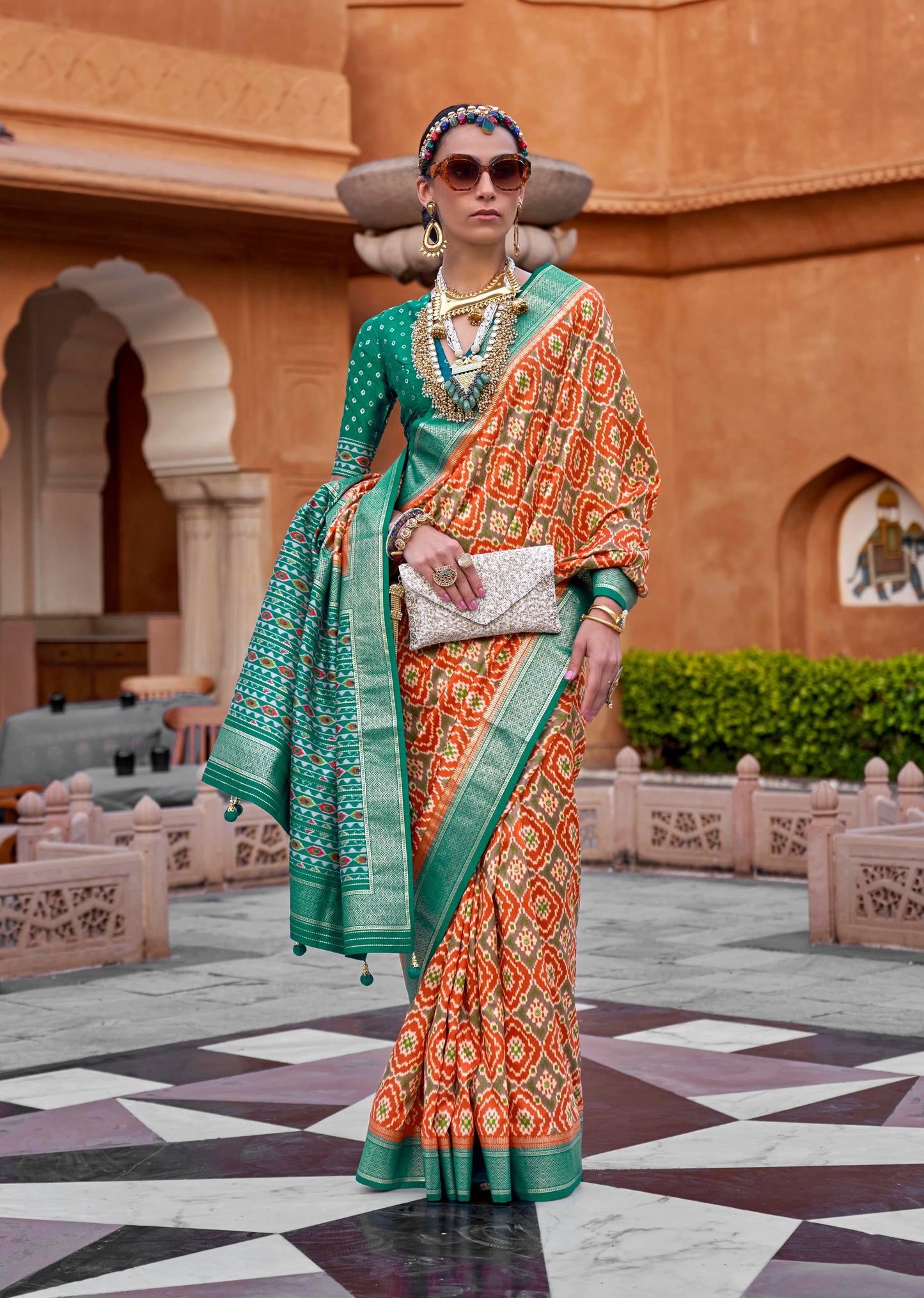 Orange with Green Soft Floral Printed Saree with Ekat Border and Pallu