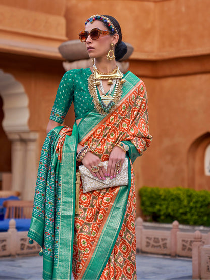 Orange with Green Soft Floral Printed Saree with Ekat Border and Pallu