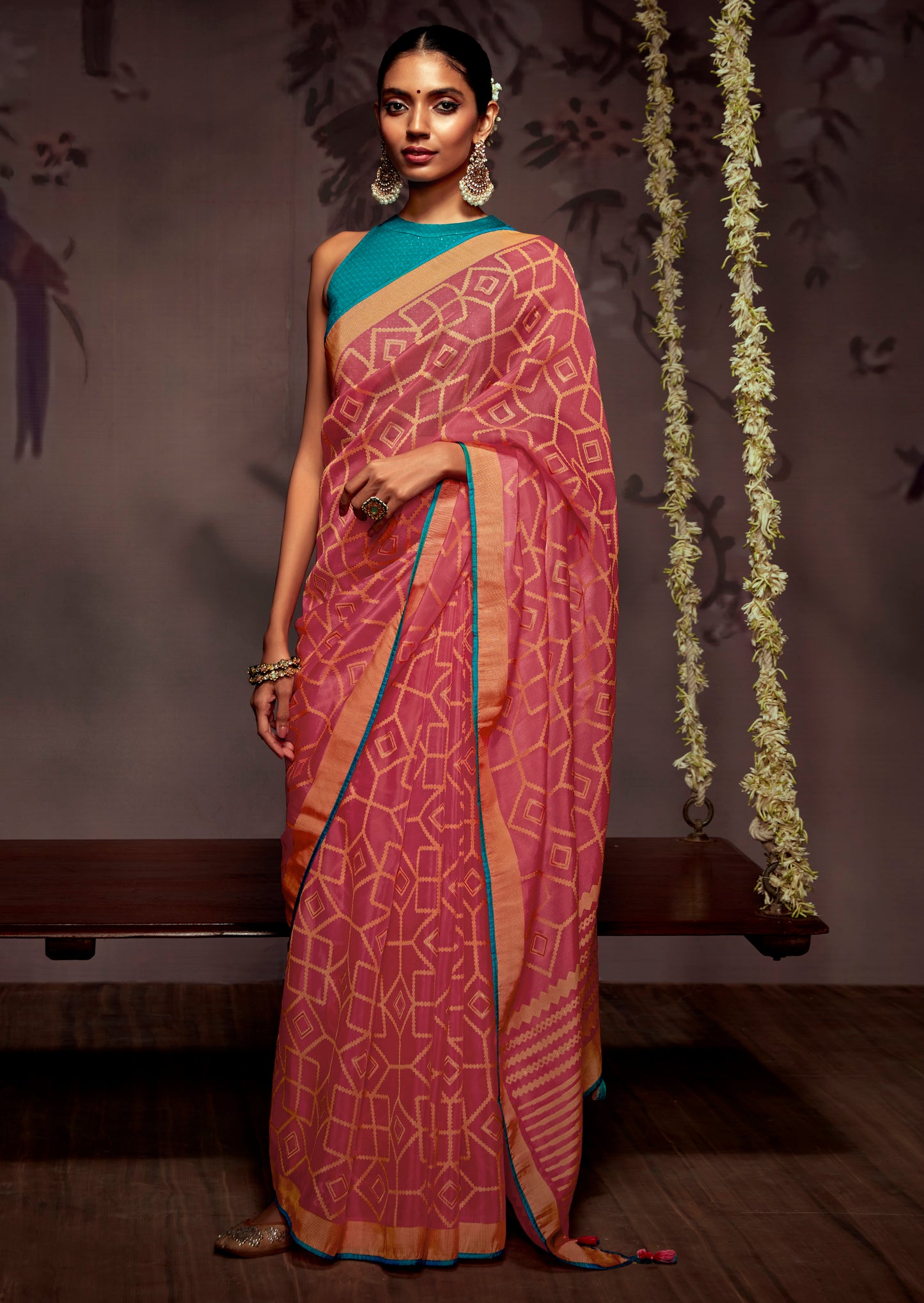 Rouge Pink  Checks Designer Soft Organza Saree with Zari Border