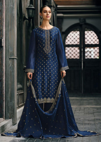 Space Blue  Banarasi Woven Silk Suit and Dupatta