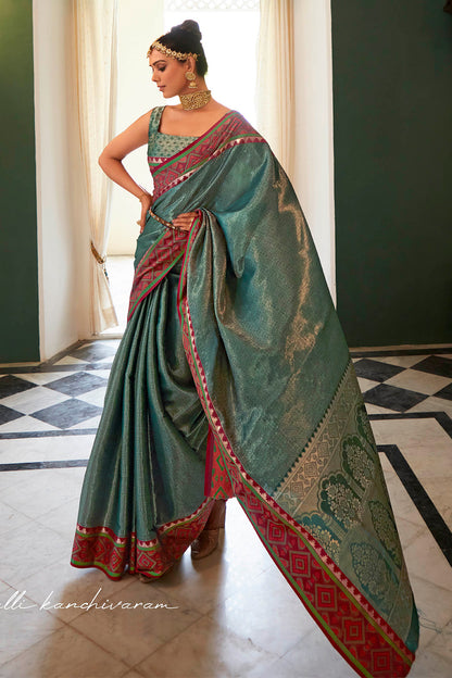 Jungle Green Soft Kanjivaram Style Saree with Ekat Woven Border