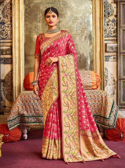 Peachish Red Designer Bandhani Saree with Skirt Bordered Woven Paithani Design on Border