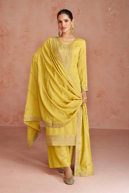 Sunflower Yellow Soft Silk Embroidered Salwar Suit with Heavy Dupatta