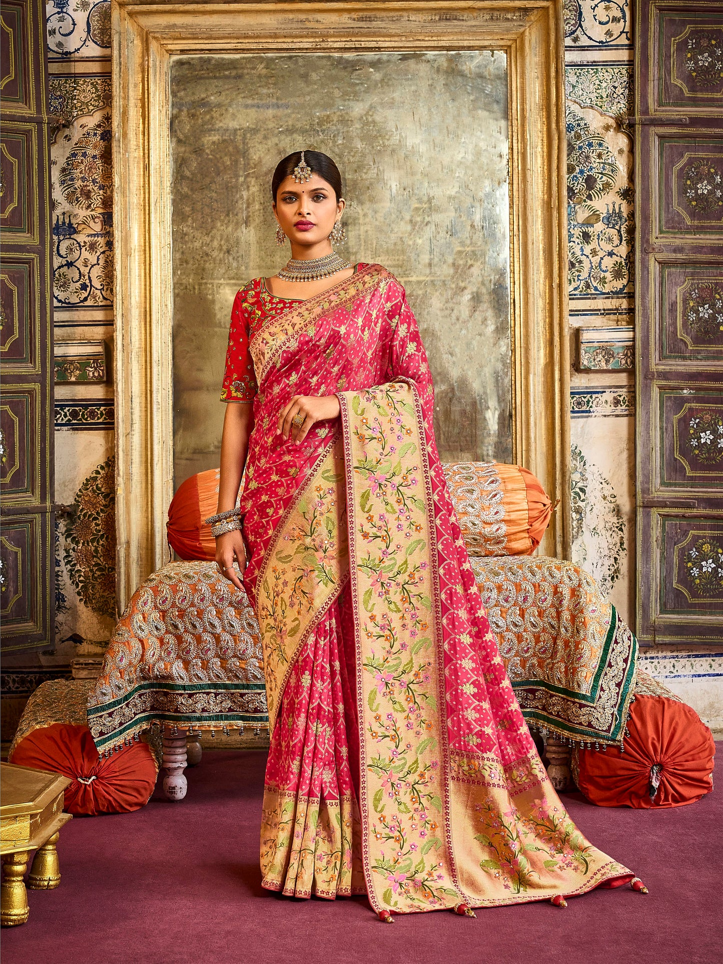 Peachish Red Designer Bandhani Saree with Skirt Bordered Woven Paithani Design on Border