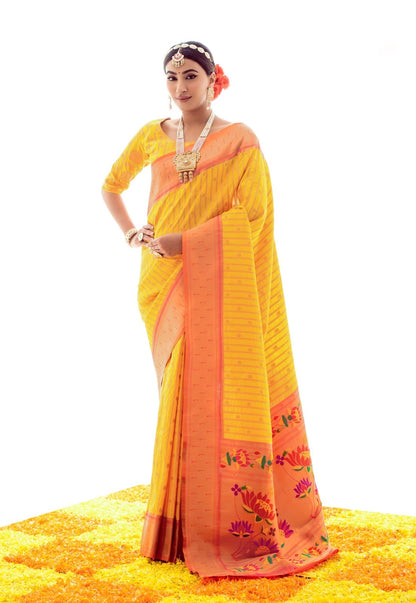 Corn Yellow Soft Silk Paithani Saree with Grand Paithani Pallu and Border