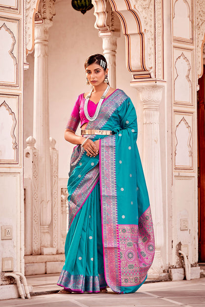 Shazam Blue  Soft Silk Paithani Saree with Contrast Banarasi Blouse