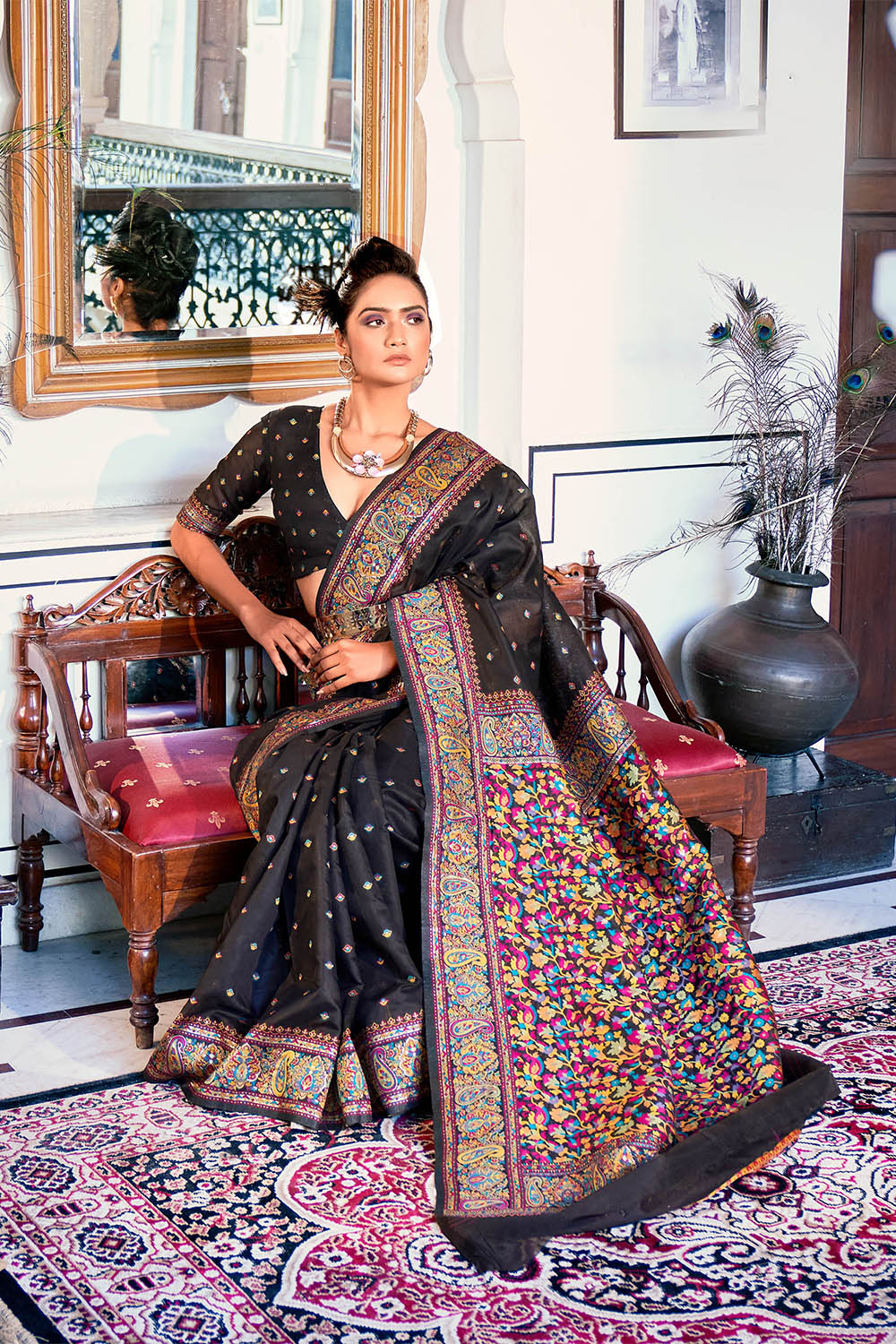 Black  Pure Handloom Modal Weaving Silk Kashmiri Kani Saree