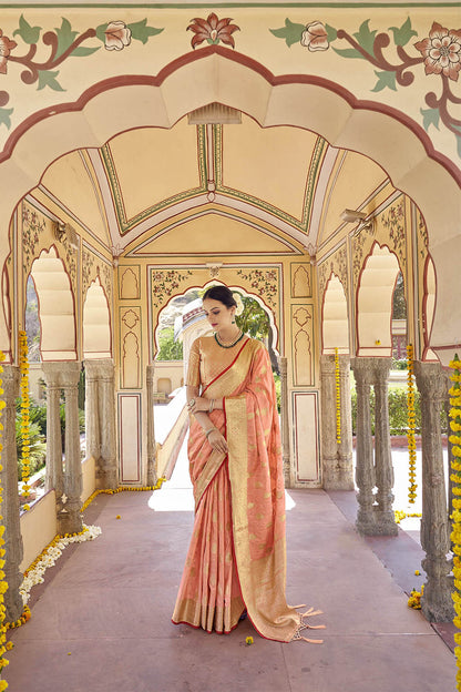 Coral Designer Tussar Silk Saree Blouse for Indian Wedding Reception