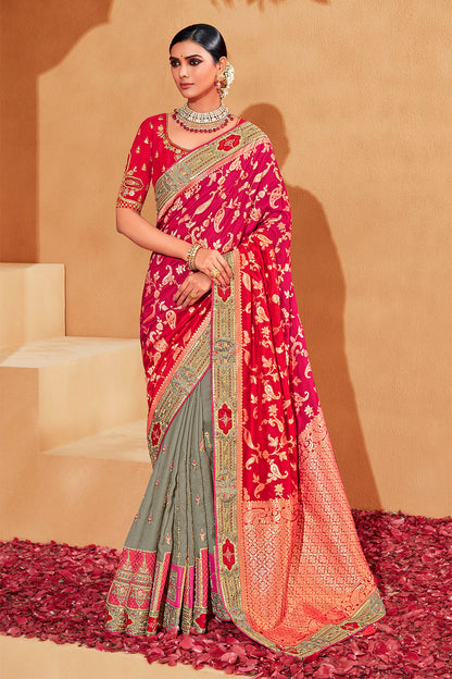 Dark Pink with Grey Stunning Designer Bridal Dola Silk Saree with Heavy Embroidered Blouse