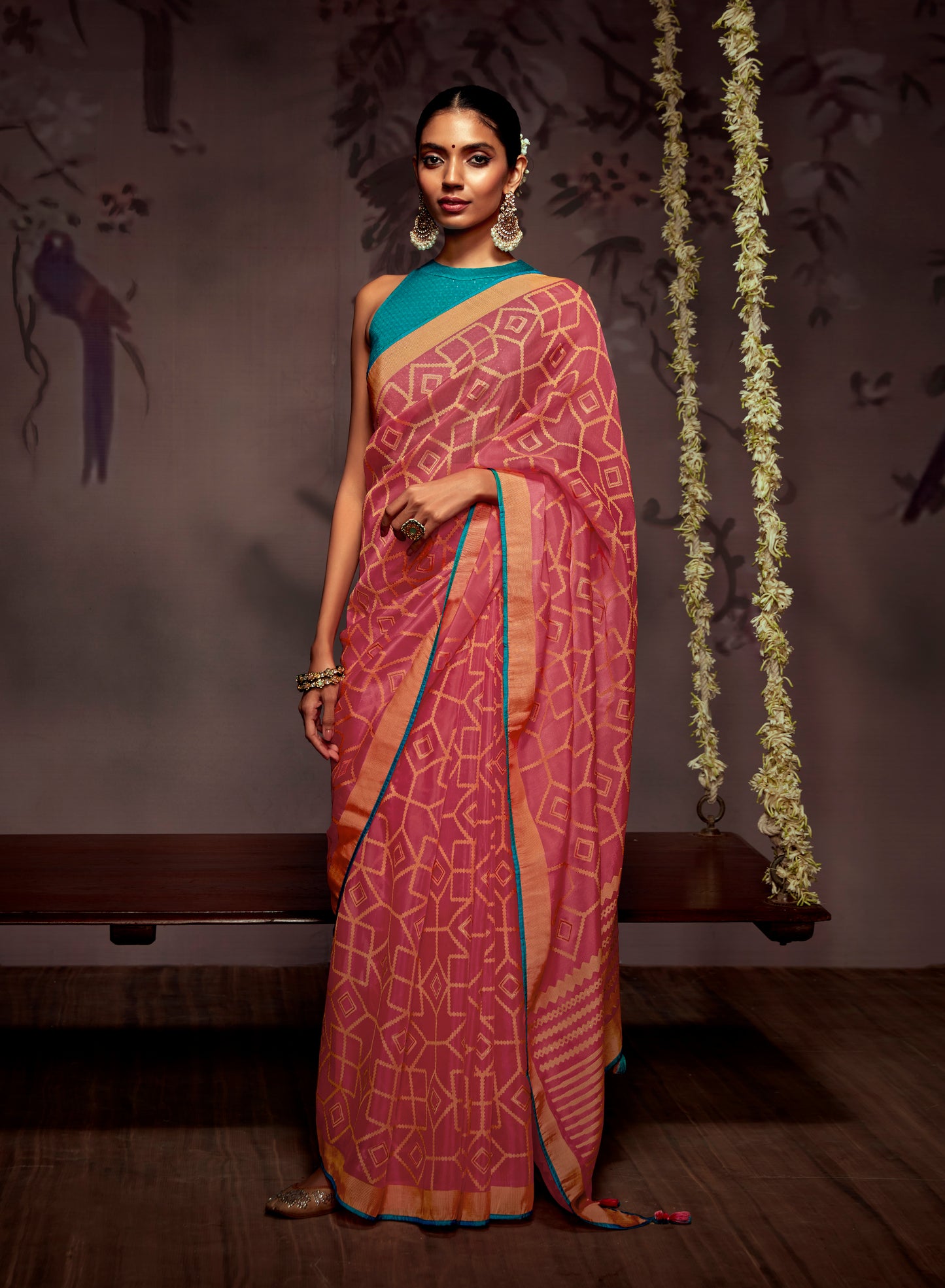 Rouge Pink  Checks Designer Soft Organza Saree with Zari Border