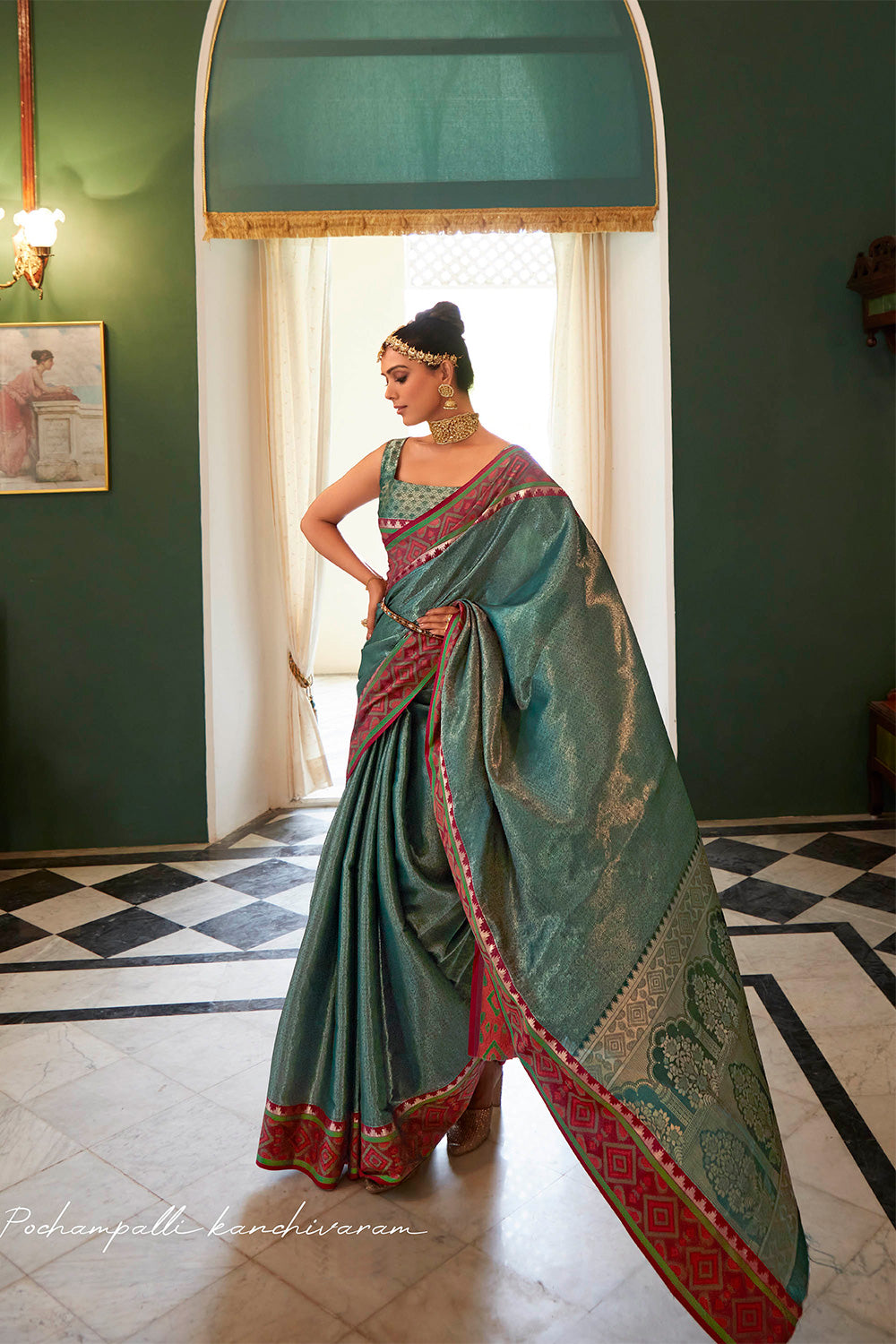 Jungle Green Soft Kanjivaram Style Saree with Ekat Woven Border