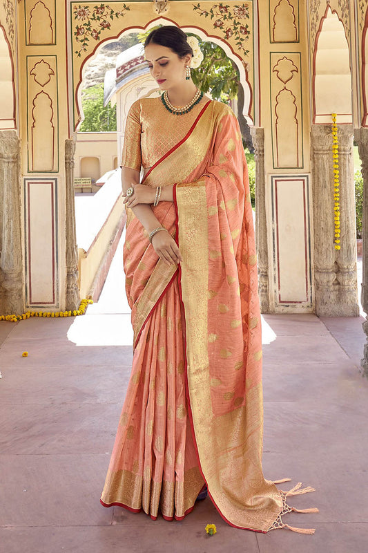 Coral Designer Tussar Silk Saree Blouse for Indian Wedding Reception
