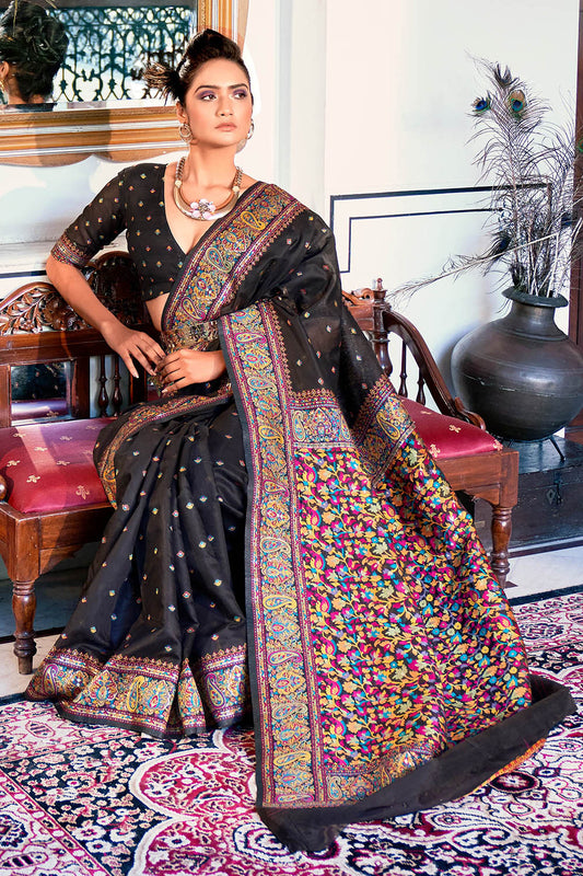 Black  Pure Handloom Modal Weaving Silk Kashmiri Kani Saree