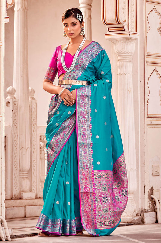 Shazam Blue  Soft Silk Paithani Saree with Contrast Banarasi Blouse