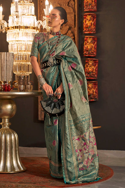 Glorious Green Soft Banarasi Silk with Menakari Butti and Khimkhab Style Blouse