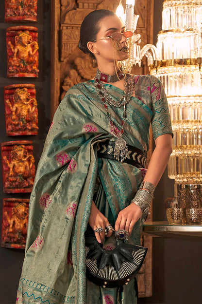 Glorious Green Soft Banarasi Silk with Menakari Butti and Khimkhab Style Blouse