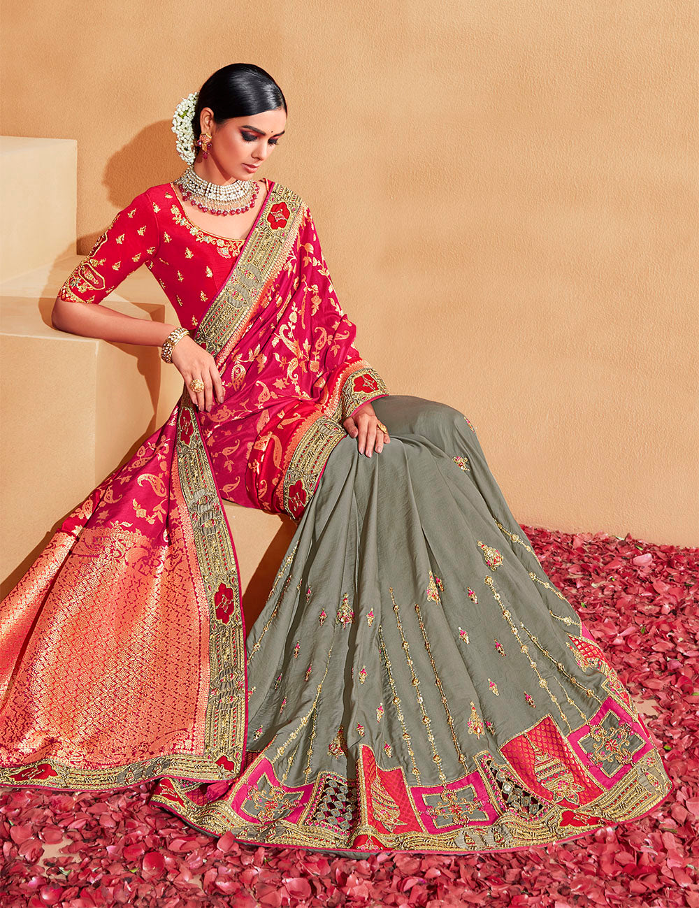 Dark Pink with Grey Stunning Designer Bridal Dola Silk Saree with Heavy Embroidered Blouse