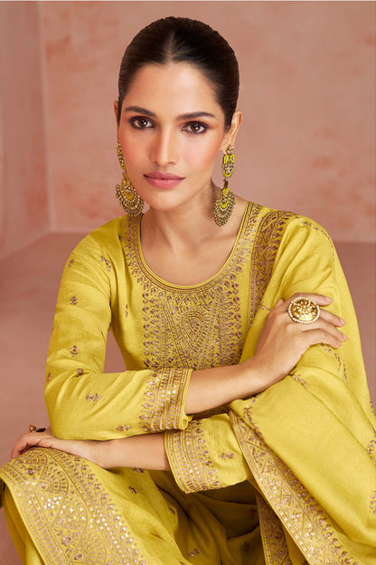 Sunflower Yellow Soft Silk Embroidered Salwar Suit with Heavy Dupatta