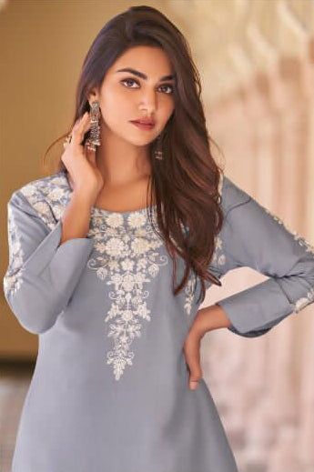 Pewter Grey Chikankari Stylish Pant Suit in Rayon Cotton