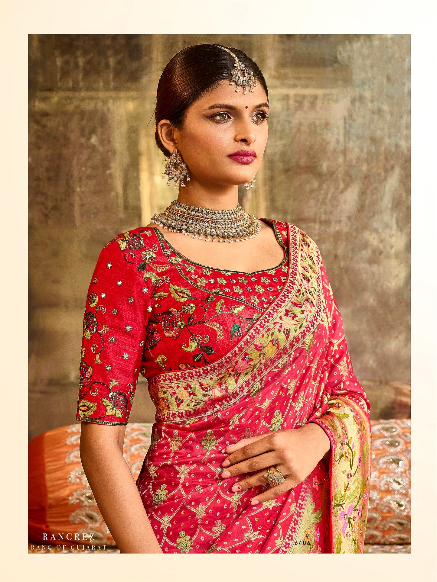 Peachish Red Designer Bandhani Saree with Skirt Bordered Woven Paithani Design on Border