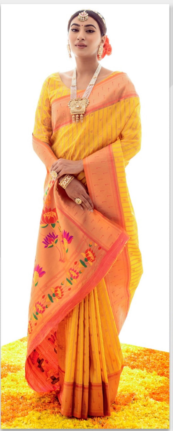 Corn Yellow Soft Silk Paithani Saree with Grand Paithani Pallu and Border