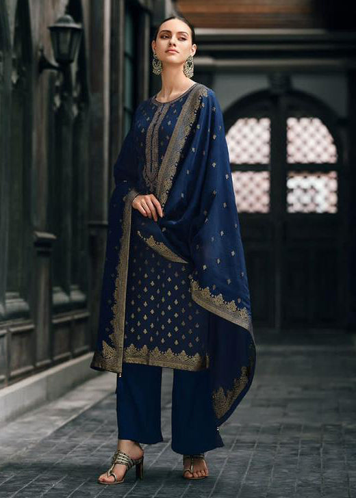 Space Blue  Banarasi Woven Silk Suit and Dupatta