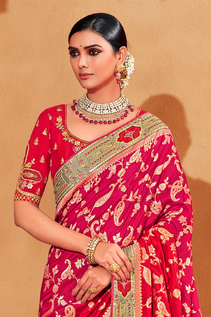 Dark Pink with Grey Stunning Designer Bridal Dola Silk Saree with Heavy Embroidered Blouse