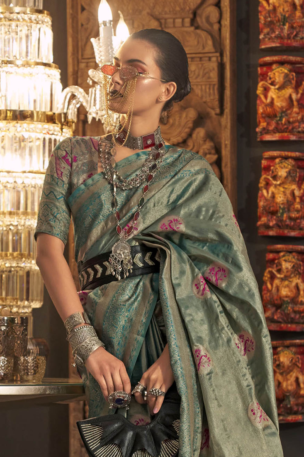 Glorious Green Soft Banarasi Silk with Menakari Butti and Khimkhab Style Blouse