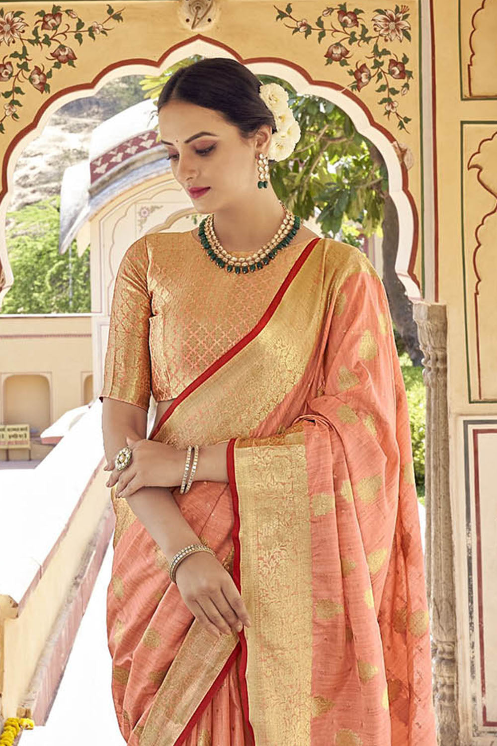 Coral Designer Tussar Silk Saree Blouse for Indian Wedding Reception