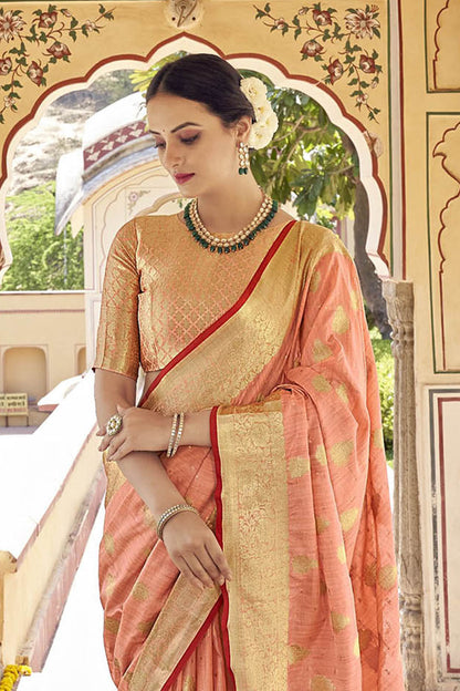 Coral Designer Tussar Silk Saree Blouse for Indian Wedding Reception