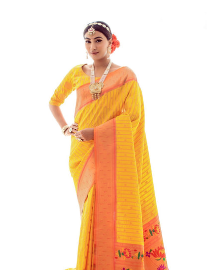 Corn Yellow Soft Silk Paithani Saree with Grand Paithani Pallu and Border