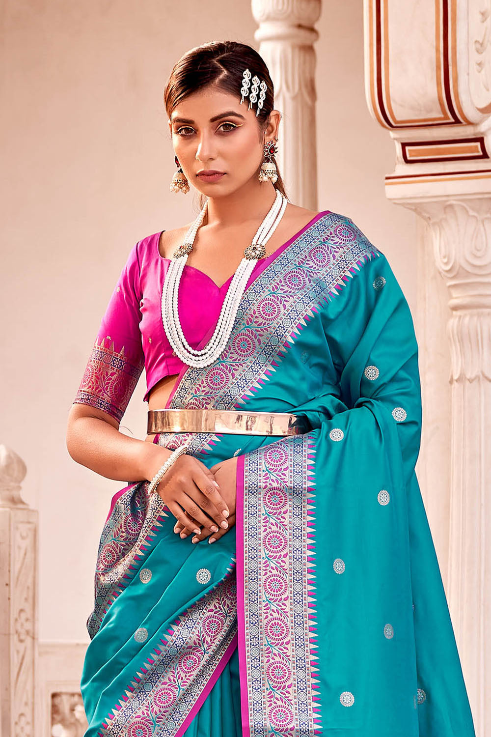 Shazam Blue  Soft Silk Paithani Saree with Contrast Banarasi Blouse