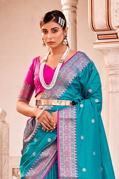 Shazam Blue  Soft Silk Paithani Saree with Contrast Banarasi Blouse