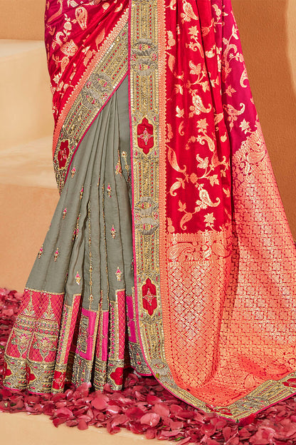 Dark Pink with Grey Stunning Designer Bridal Dola Silk Saree with Heavy Embroidered Blouse