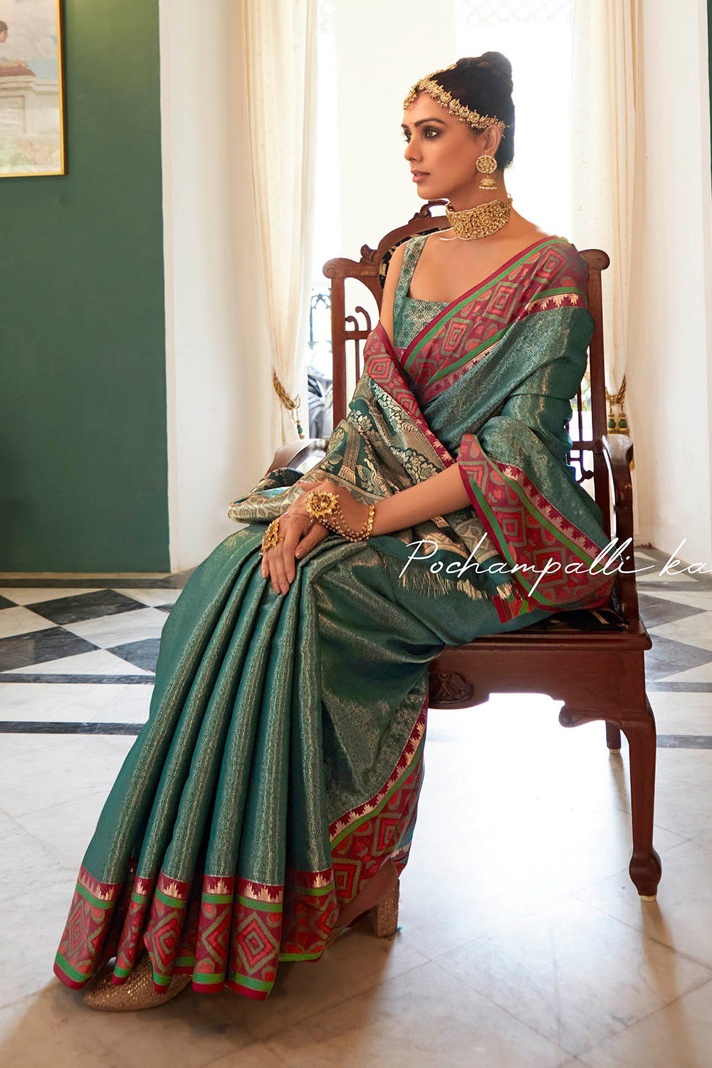 Jungle Green Soft Kanjivaram Style Saree with Ekat Woven Border