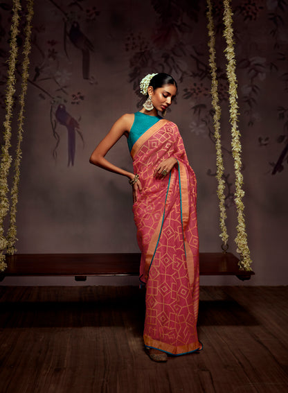 Rouge Pink  Checks Designer Soft Organza Saree with Zari Border