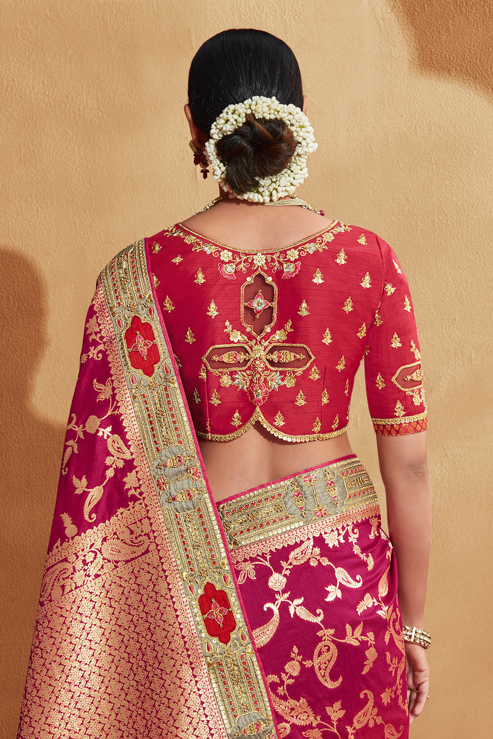 Dark Pink with Grey Stunning Designer Bridal Dola Silk Saree with Heavy Embroidered Blouse