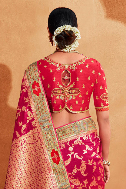 Dark Pink with Grey Stunning Designer Bridal Dola Silk Saree with Heavy Embroidered Blouse