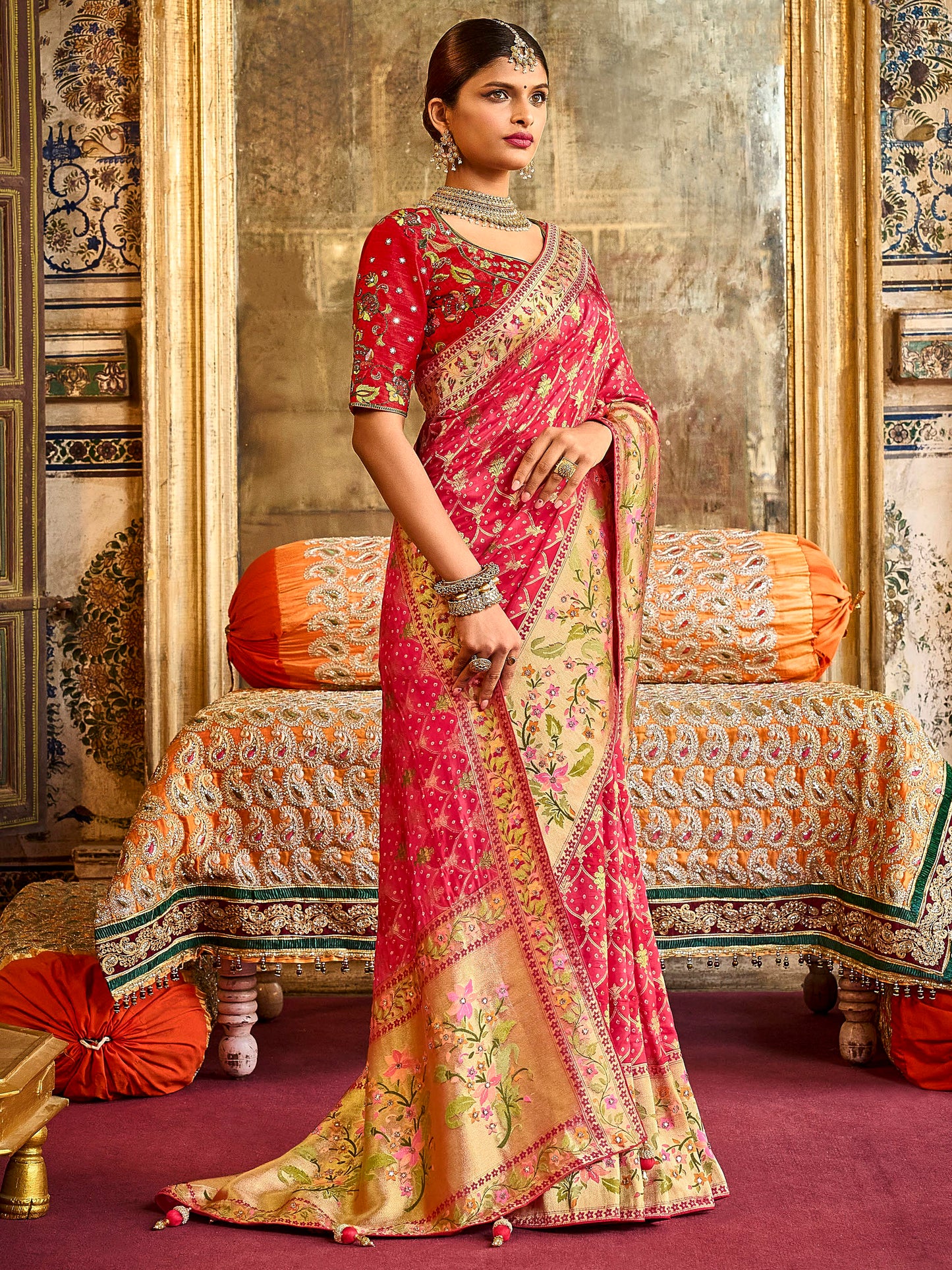 Peachish Red Designer Bandhani Saree with Skirt Bordered Woven Paithani Design on Border