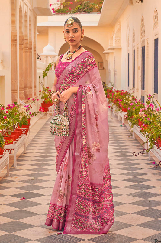 Pink Blossom Soft Floral Printed Saree with Ekat Border and Pallu