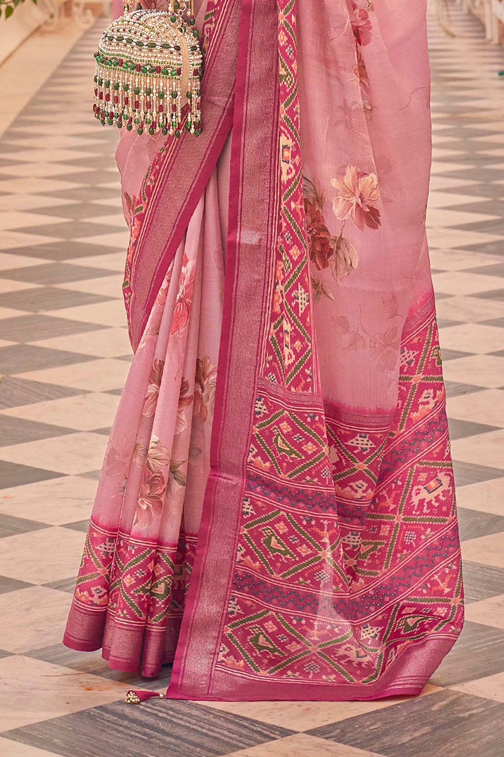 Pink Blossom Soft Floral Printed Saree with Ekat Border and Pallu