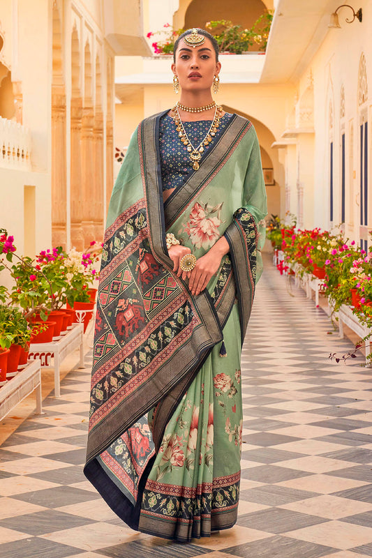 Pretty Green Soft Floral Printed Saree with Ekat Border and Pallu