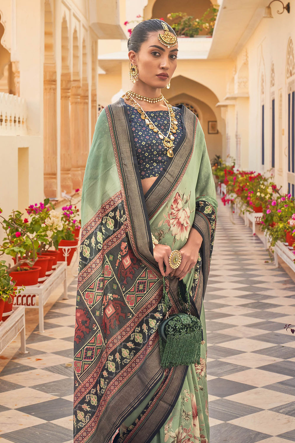 Pretty Green Soft Floral Printed Saree with Ekat Border and Pallu