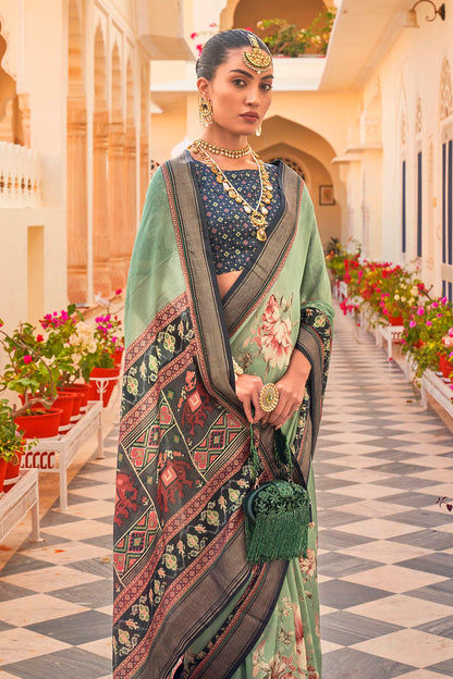 Pretty Green Soft Floral Printed Saree with Ekat Border and Pallu