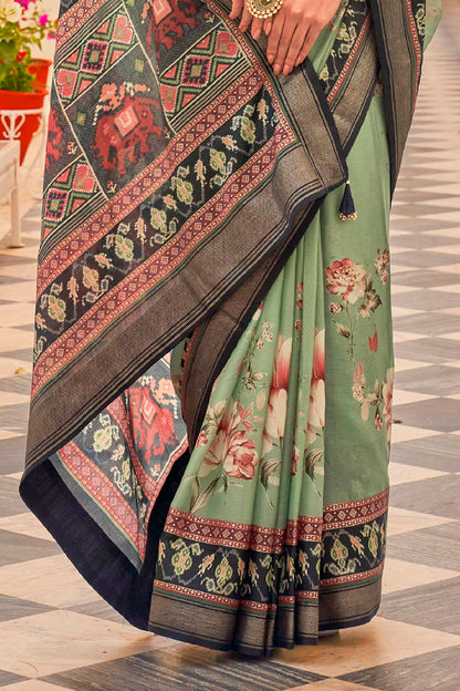 Pretty Green Soft Floral Printed Saree with Ekat Border and Pallu