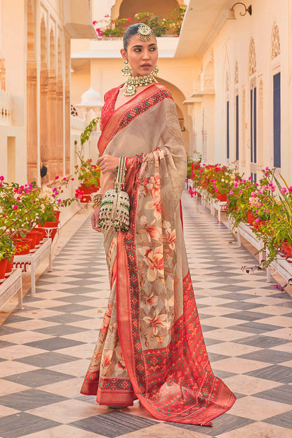 Beige with Red Soft Floral Printed Saree with Ekat Border and Pallu