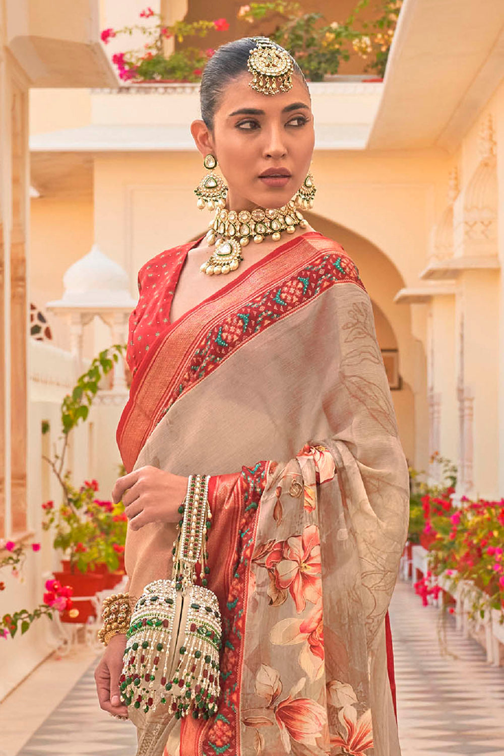 Beige with Red Soft Floral Printed Saree with Ekat Border and Pallu