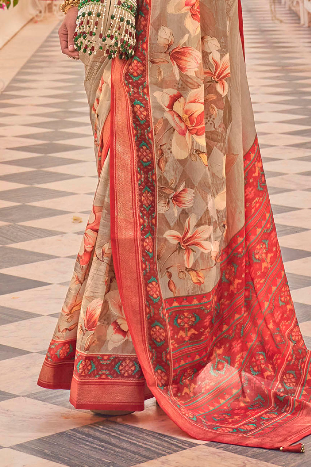Beige with Red Soft Floral Printed Saree with Ekat Border and Pallu