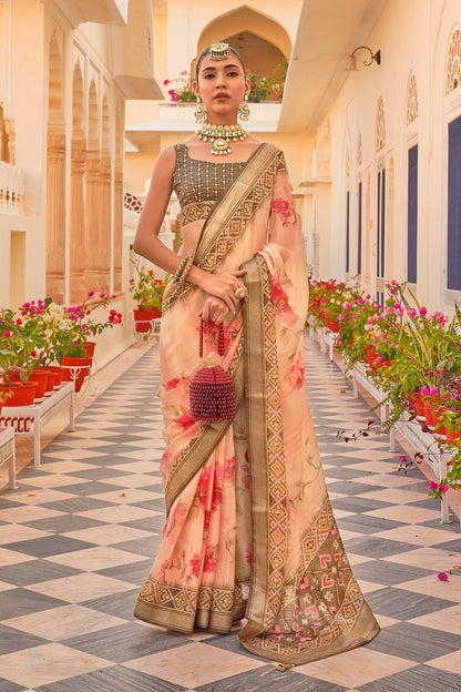 Light Peach Soft Floral Printed Saree with Ekat Border and Pallu