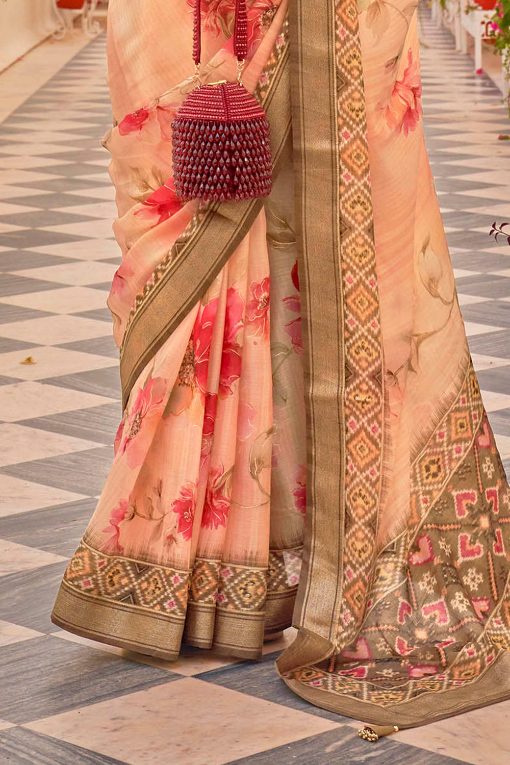 Light Peach Soft Floral Printed Saree with Ekat Border and Pallu